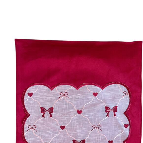 2pc Velvet Valentines Day Table Runner Bows Hearts Red & White by Envogue New - Picture 9 of 13